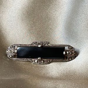 Vintage 925 Sterling Onyx and Marcasite Bar Pin